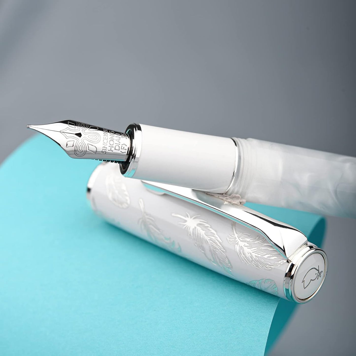 Hongdian N8 White Acrylic Resin Fountain Pen, Iridium Fine Nib Silver Plated Feather Carving Cap Smooth Writing Pen with Converter and Metal Pen Box Set