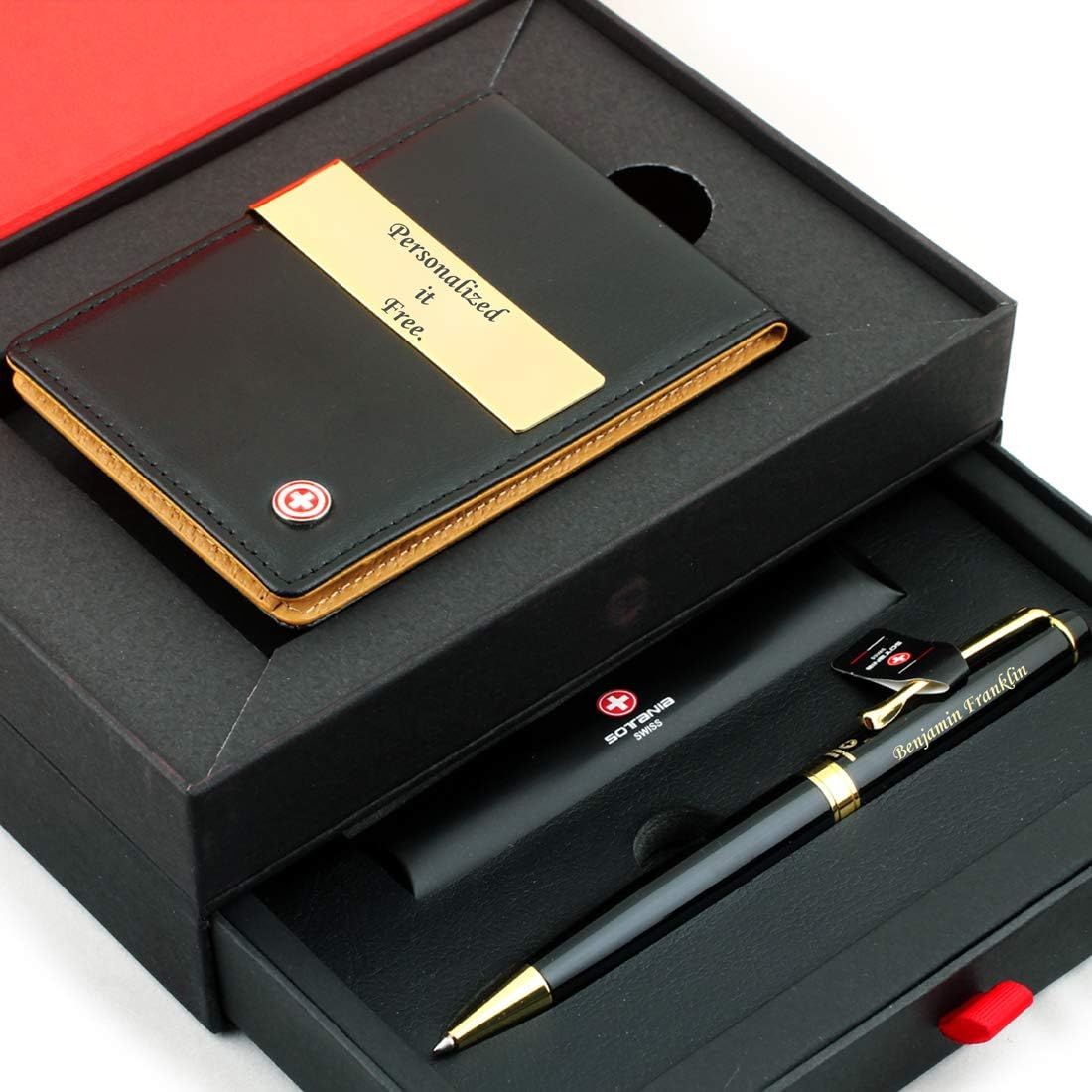 Free engraving - 24K Gold, Mens Leather Money Clips, Roller Ballpen, Ballpoint pen, Ball pen, Groomsmen Gift,Three Lines Each 20 Characters, Free Customization (BLACK)