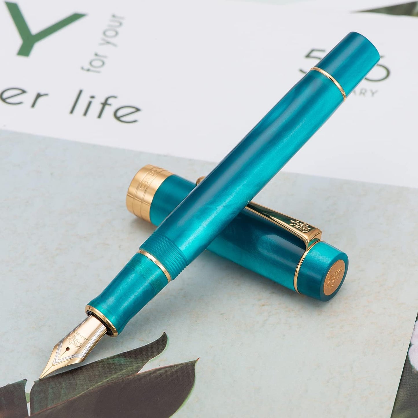 Jinhao 100 Fountain Pen Celluloid Classic Style, #6 Nib Smooth Writing Instrument with Refillable Converter and Pen Case Set