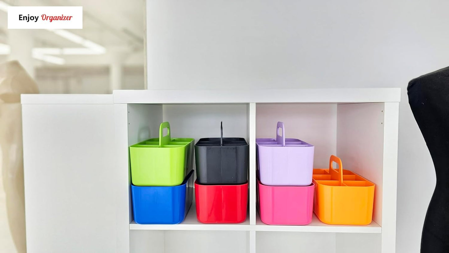 Small Stackable Plastic Caddy with Handle 6 Compartment | Desk, Makeup, Dorm Caddy, Classroom Art Organizers - 4 Pack, Made In USA (Hot Pink)