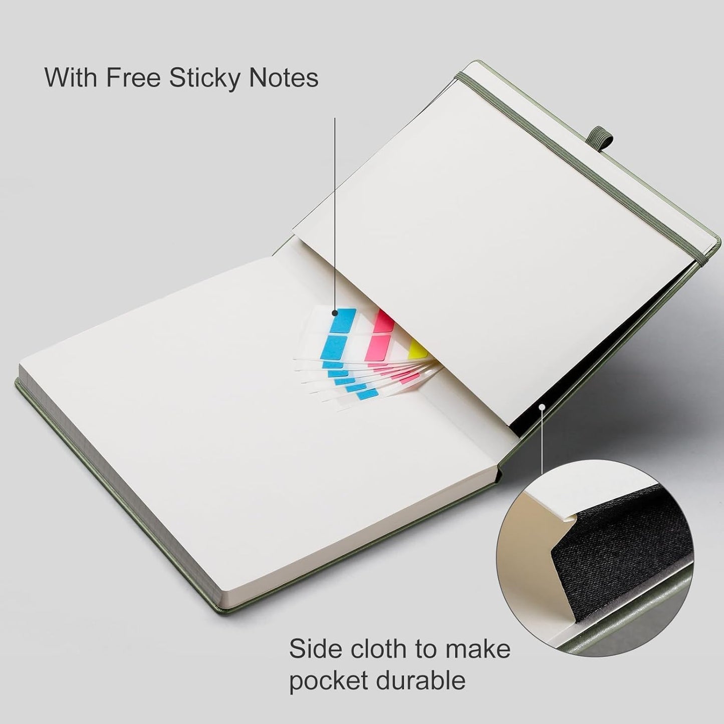 EMSHOI Lined Journal College Ruled Notebook – 8.5"x11" Hardcover Leather Journal for Women Men Office Work, 192 Pages 100 GSM Thick Paper, A4 Writing Notebook with Sticky Notes, Green