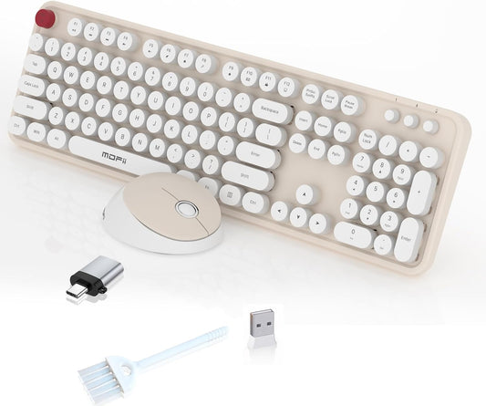 Wireless Keyboard and Mouse Combo, MOFII 104 Keys Full-Size Retro Round Keys Typewriter Keyboards Ergonomic Keyboards and Mouse Wireless for Windows, PC, Laptop, Desktop White