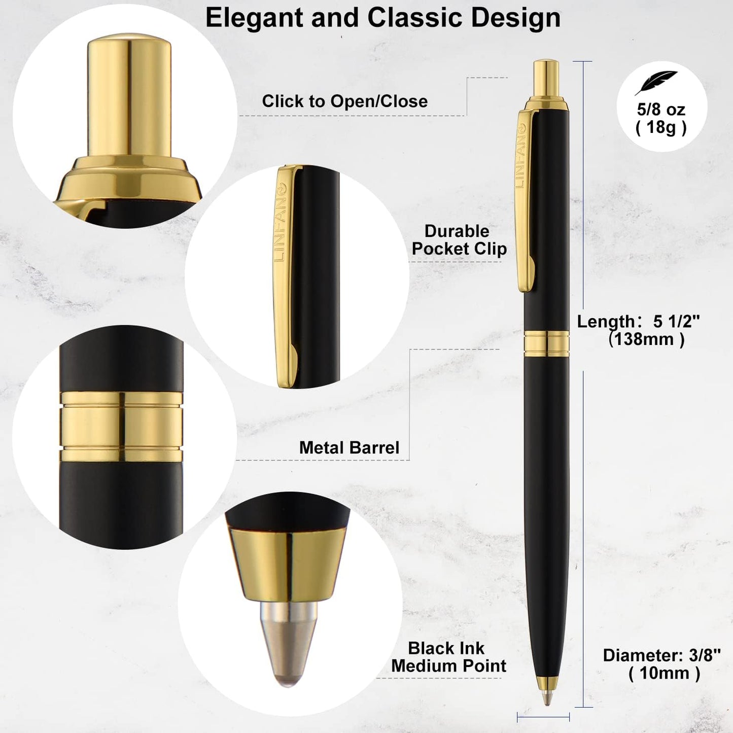 LINFANC 4 Pack Ballpoint Pens, Premium Retractable Metal Ballpoint Pen, Matte Black with Gold Trim, Medium Point 1.0mm Black Ink Pen for Home School Work Office Supplies, Extra 4 Refills