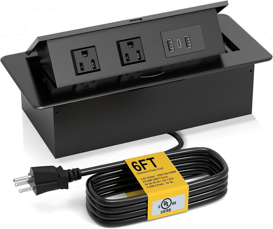 UL Listed Recessed Power Strip, Pop Up Power Cover Box Desktop Socket with PD 20W USB C Charging Ports, Stainless Steel Receptacle Outlet for Conference Room Countertop (Black-USB C)