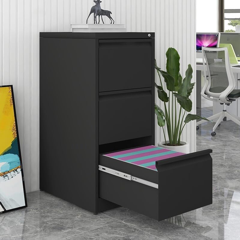 3 Drawer File Cabinet with Lock, Vertical File Cabinets for Home Office, Metal Filing Cabinets, Heavy Duty Steel Lockable Filing Storage Cabinet for Letter/Legal/A4/F4 Size Files, Black