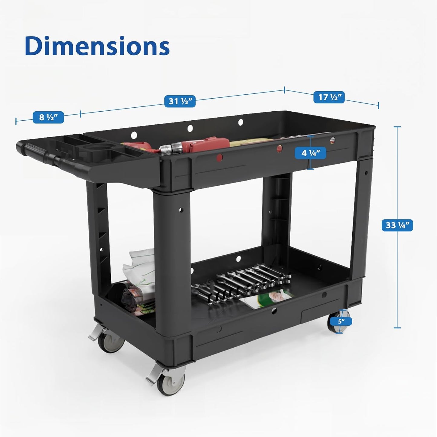 Commercial Grade 2 Shelf Utility Cart with Wheels - Rolling Tool Trolley, Heavy Duty Service Push Cart for Business Warehouse Office Restaurants Ecommerce Garage