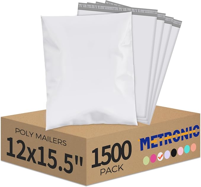 Metronic Poly Mailers 12x15.5 1500 Pack White, Medium Size Shipping Bags Bulk by METRONIC