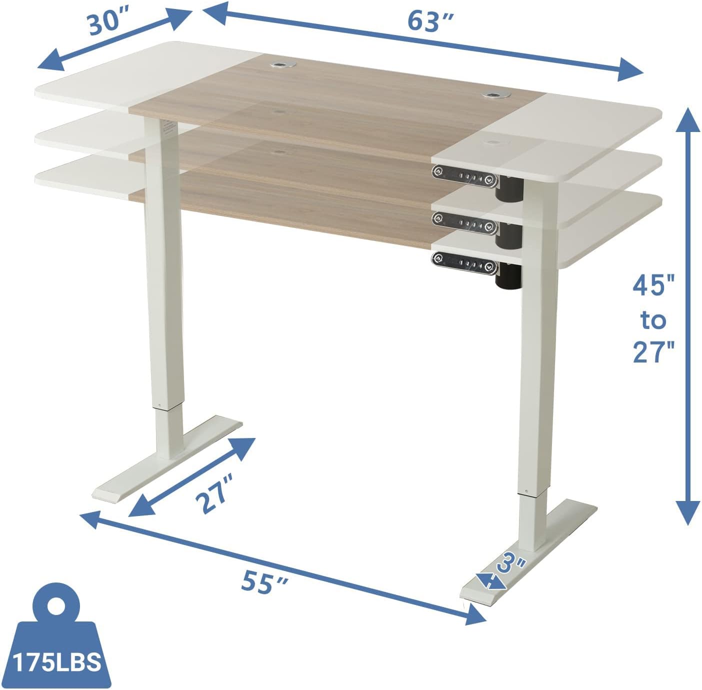 Electric Height Adjustable Standing Desk, 63 x 30inches Height Adjustable Computer Desk Sit Stand Desk Home Office Desks with Splice Board White Frame + White Top