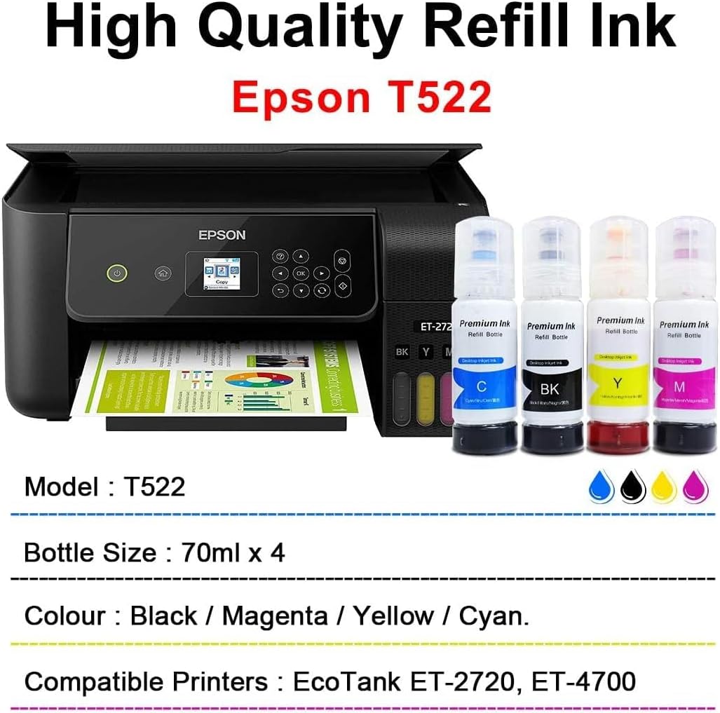 Printers Jack Compatiable T522 Refill Ink Bottle Kit for Supertank ET-2800 ET-4700 ET-4800 ET-2710 ET-2720, ET-2803 Printer, 4 Packs