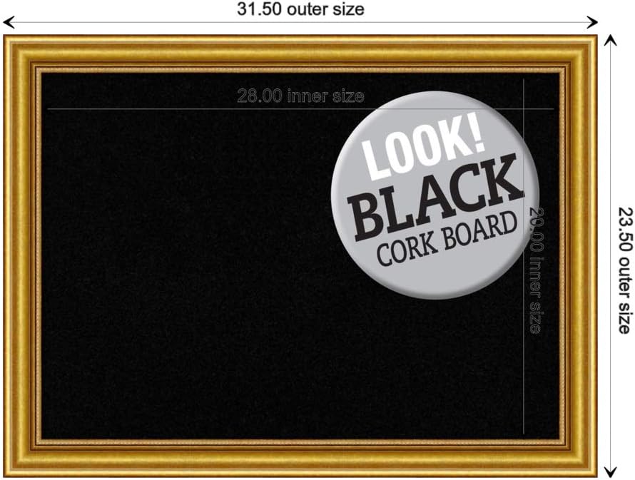 Amanti Art Black Cork Board for Wall, 24x32 Vision Board with Gold Wood Frame, Medium Corkboard Office Decor for Home Organization, Traditional Corkboard Pinboard to display items for home