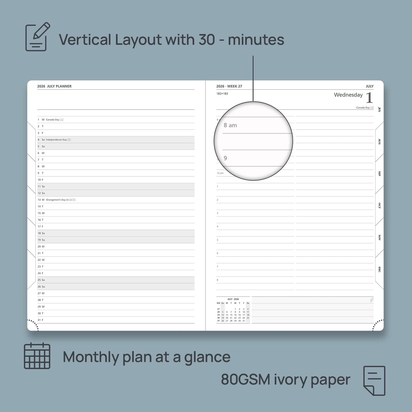 POPRUN 2026 Daily Planner One Page Per Day Even Weekends A4 Large Size (8.5" x 12") - 12 Months Calendar Hourly Appointment Book with Inner Pocket, Pen Holder, Hardcover - Haze Blue
