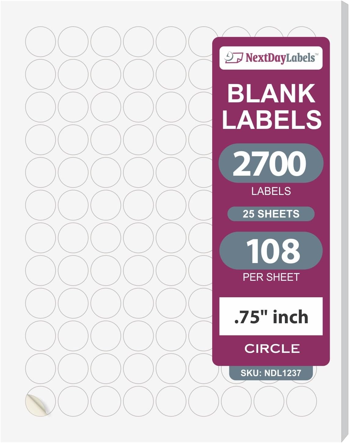 NextDayLabels 3/4 Inch Round Labels - Matte White Blank Circle Stickers, 2700 Printer Labels (108 Per 25 Sheets)