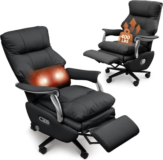 Dual Motor Electric Executive Office Chair with Foot Rest, Comfy Reclining Office Chair with Massage, Big and Tall Heavy Duty Ergonomic Home Office Desk Chairs，Sustainable Leather 400lbs, Black