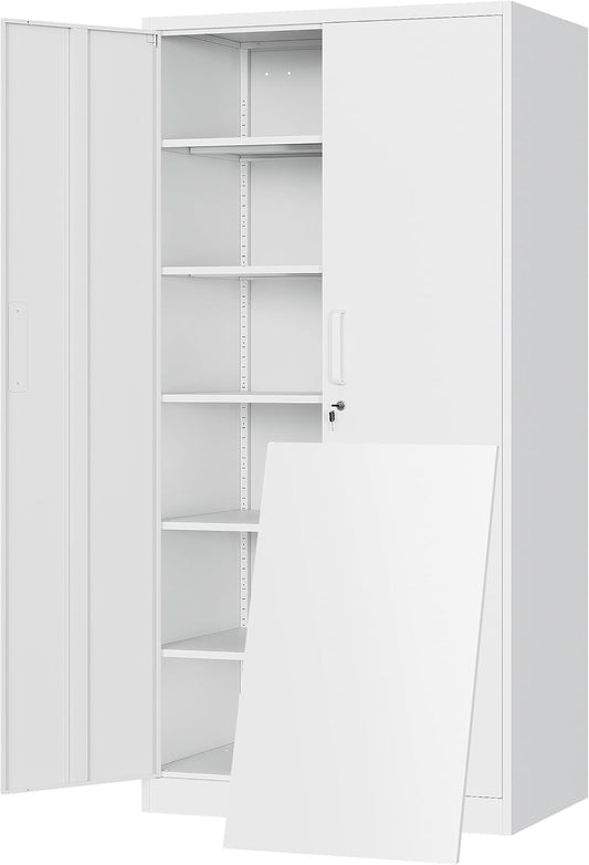Yizosh Metal Storage Cabinet with Locking Doors and 5 Adjustable Shelves,- 72" Garage Storage White Steel Lockable File Cabinet for Office,Home,Garage