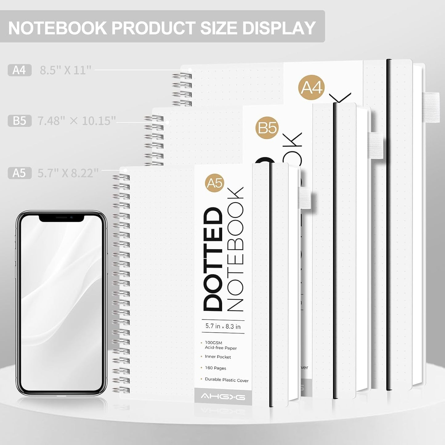 AHGXG Bullet Dotted Journal - Dot Grid Spiral Notebook A5, 160 Pages, 100 GSM Thick Paper, Waterproof Plastic Cover Journals for Bullet Journaling, Sketching, 5.7" x 8.3", Transparent