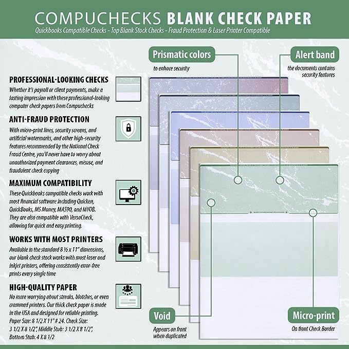 Compuchecks Top Blank Check Paper - 250 Pack, Quick-Books & Laser Printer Compatible - Security Business Checks with Voucher - 8.5" x 11" Blue/Red Prismatic