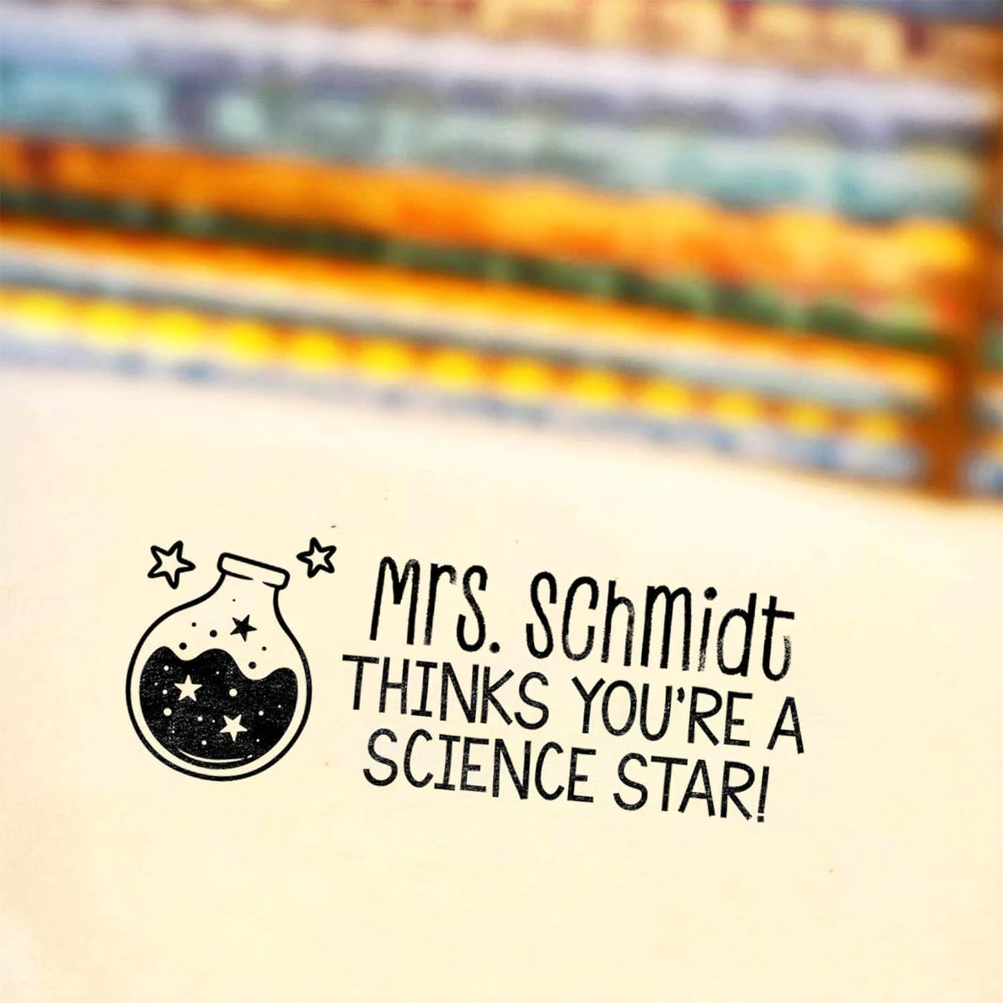 Custom Self-Inking Stamps | 49 Designs | Fun Phrases | Grading Made Easy | Classroom, Library & Book Stamps (Science Star, Large)