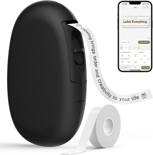 SUPVAN E10 Bluetooth Label Maker Machine with Tape, Continuous Waterproof Label, Versatile App with 35 Fonts and 1k+ Icons, Inkless Labeler for Home, Kitchen, School, Office Organization, Black