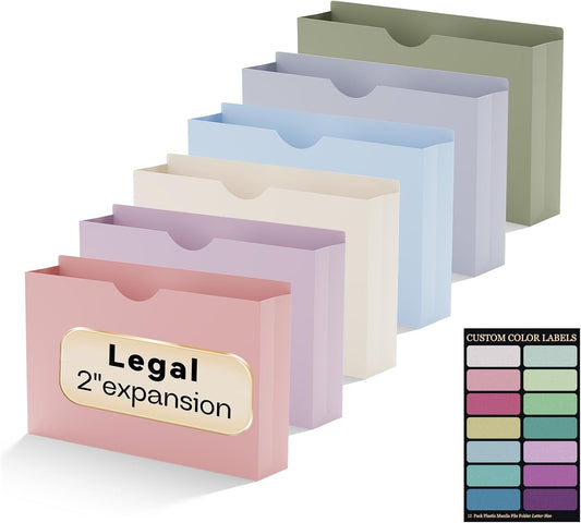 Plastic 2 Inch File Jackets Legal Size,12 Pack Manilla Pocket Folders,Expandable File Jackets for Document,Heavy Duty Expansion Pocket,Straight Cut Tabs,Poly File Jacket,Morandi Color