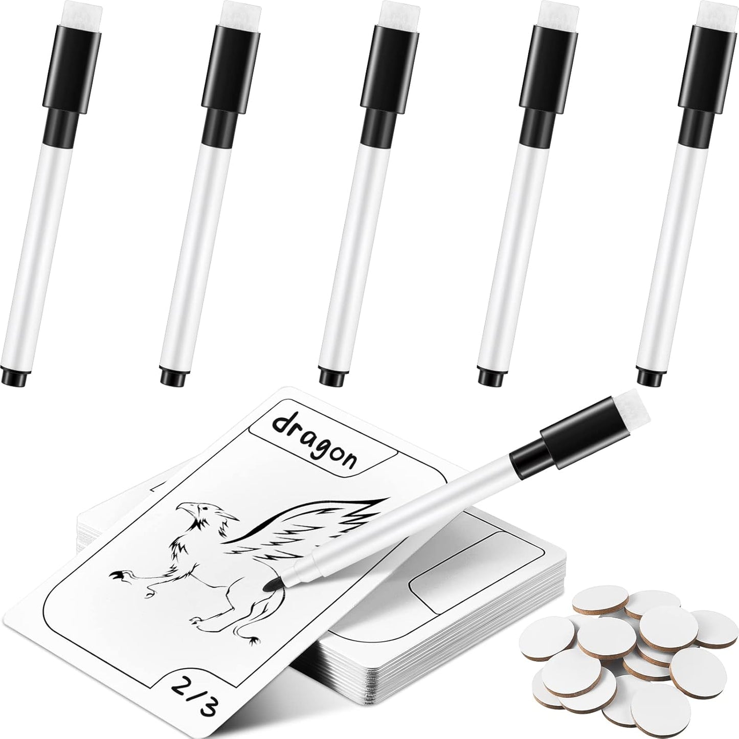 Teling 24 Pcs Reusable Multifunctional Tokens Dry Erase Cards White Blank Flash Erasable Index Cards, 24 White Erasable Plastic Counters Gaming Tokens Discs and 5 Marker Pens for Game