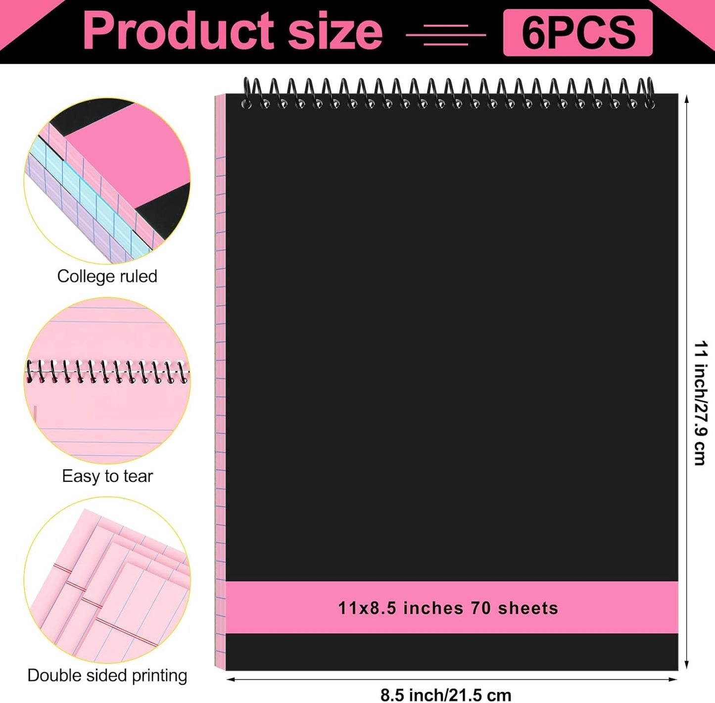 6 Pcs Legal Pad Top Spiral Bound Notebook 70 Sheets Wirebound Notepad Double Sided Ruled Memo Steno Pad with Stiff Back Cover for Business(8.5 x 11 Inches,No Holes,3 Colors)
