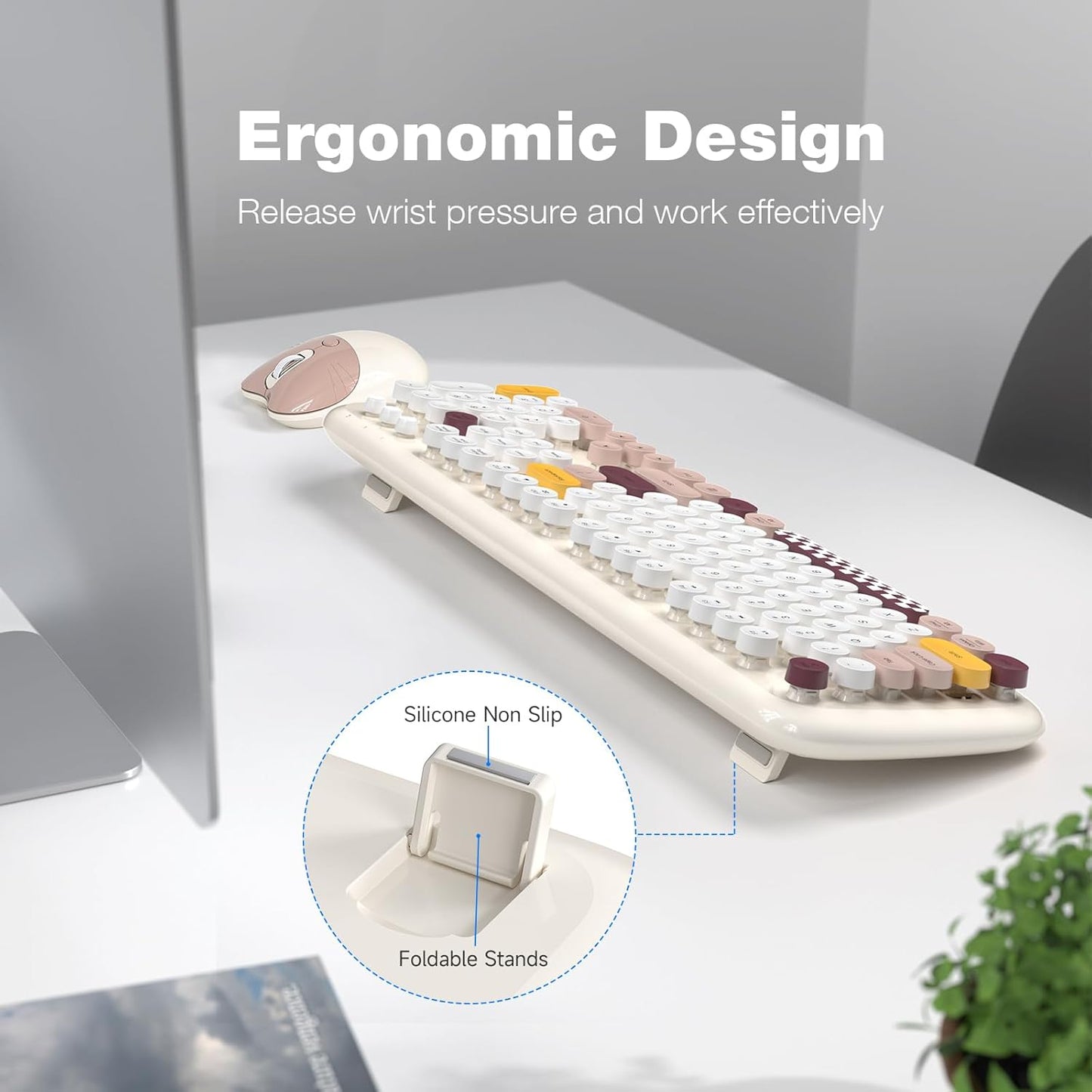 MOFII Wireless Keyboard and Mouse Combo, Full-Sized Colorful Typewriter Keyboard with Round Keycaps, 2.4G Cute Mouse Compatible with PC/Laptop/Computer (Milk White Color)