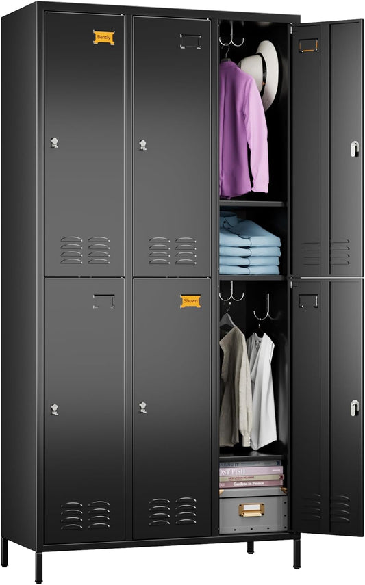 6 Doors Metal Locker for Employees with 18 Hooks and Business Card Holder,Metal Locker with Ventilation Holes for School Garage Office Gym Home,Assembly Required,Black