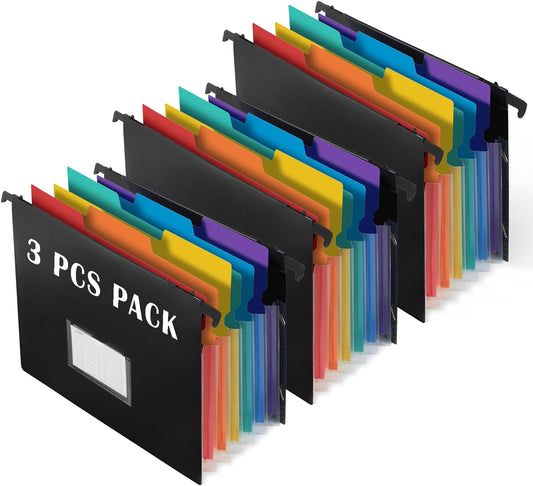 TRANBO 7-Pockets Hanging File Folder with Retractable Hooks for Filing Cabinet, Letter Size Expandable Accordion File Organizer with Elastic Band for File Frame or On-The-Go Use (3 Pack)