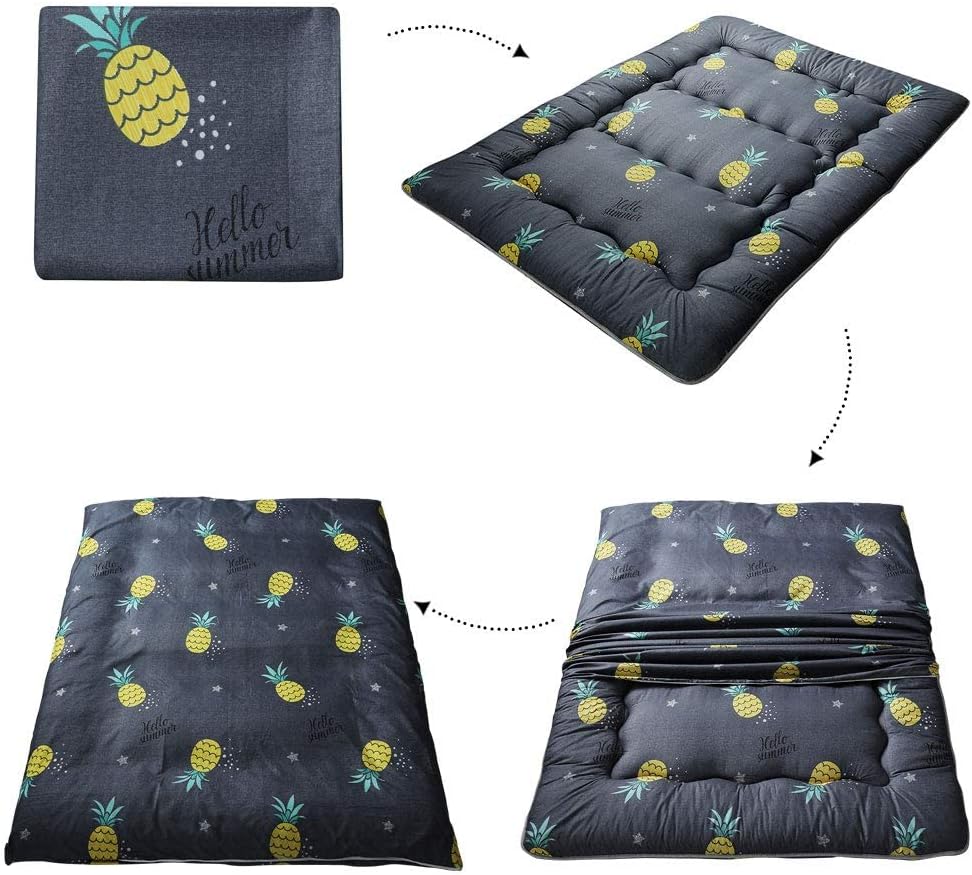 Grey Pineapple Japanese Floor Futon Mattress, Tatami Floor Mat Portable Camping Mattress Kids Sleeping Pad Foldable Roll Up Floor Lounger Couch Bed Queen Size with Mattress Protector Cover