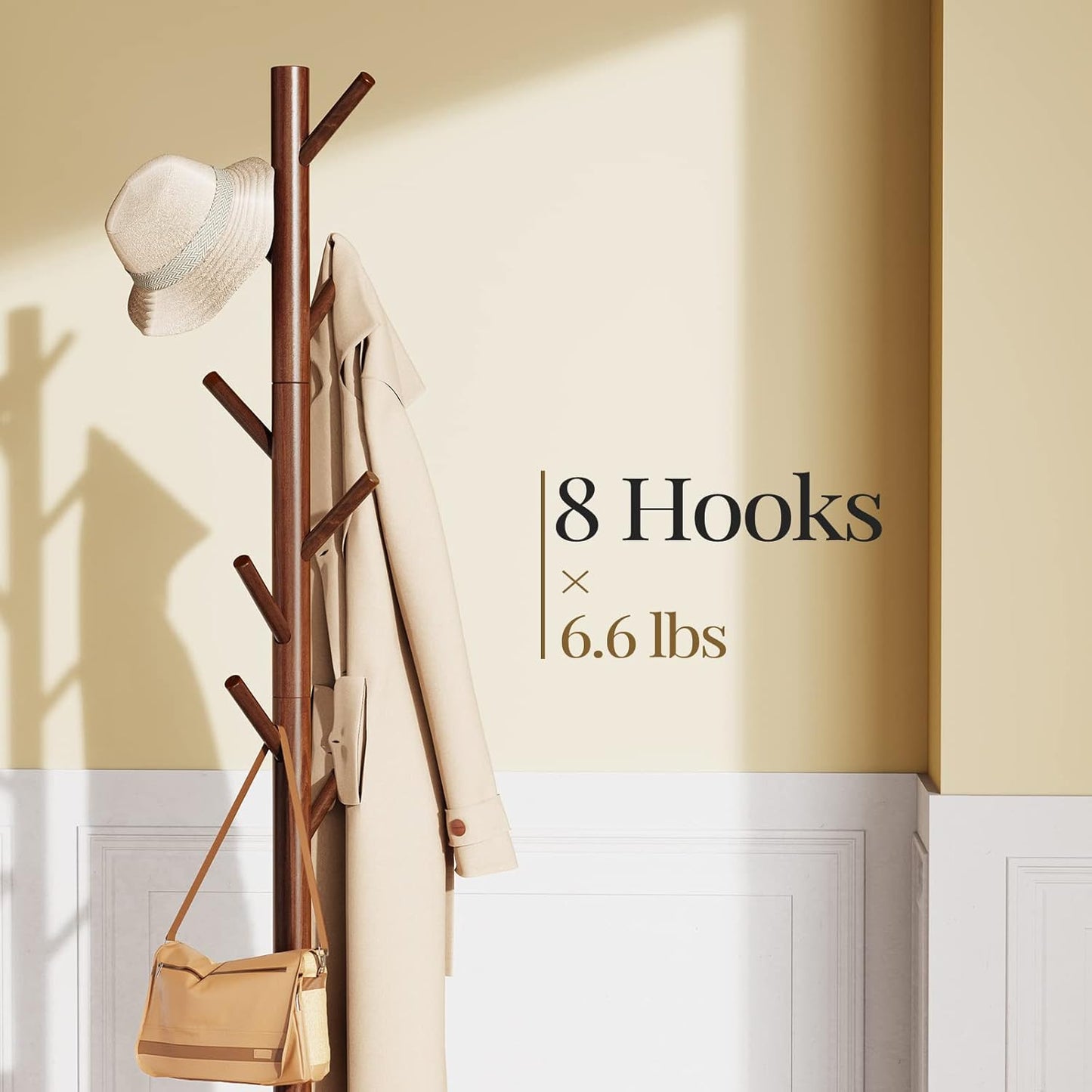 Pipishell Sturdy Wooden Coat Tree with 8 Hooks, 3 Adjustable Sizes for Clothes, Hat Stand Used in Bedroom/Office/Entryway, Brown