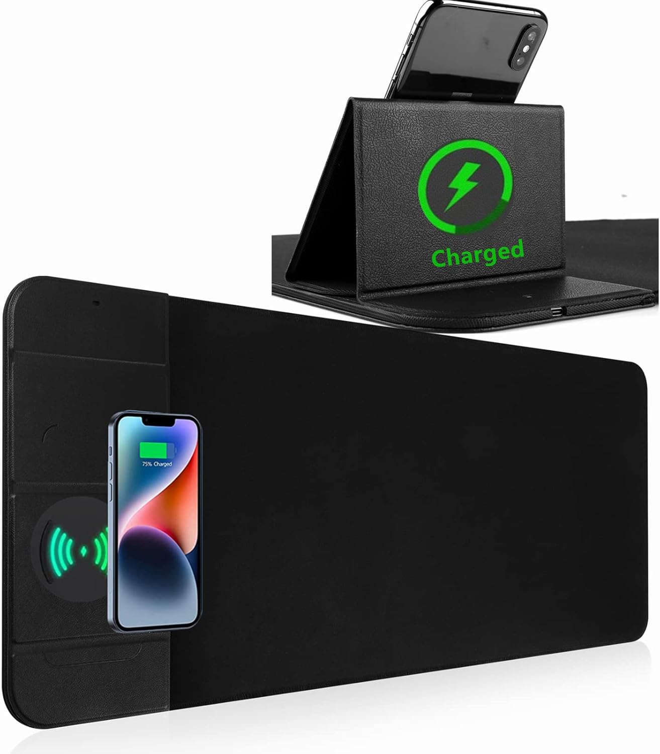 Wireless Charging Mouse Pad with Phone Holder Gaming Mousepad Desk Mat 15W Qi Fast Charging Pad Ultra-Smooth Surface Non-Slip Extended Premium Black Computer Keyboard Mat for MacBook PC Laptop