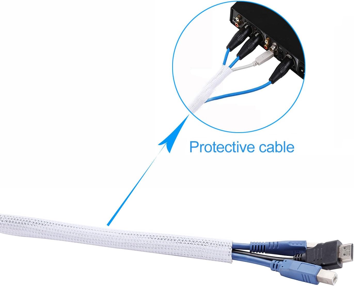 1/2" x25ft Braided Cable Sleeve – Split Self-Wrapping Wire Loom Tubing for USB, Power, Audio/Video Cords – Chew-Resistant Cord Protector, White Expandable Sleeving