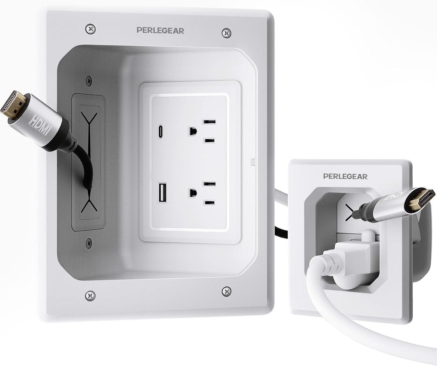 Perlegear Cord Hider for Wall Mount TV with AC Outlets, USB-A and USB-C Ports, in-Wall Cable Management Kit, Includes Drill Templates, Dust Bags, Drywall Saw, Extension Cord