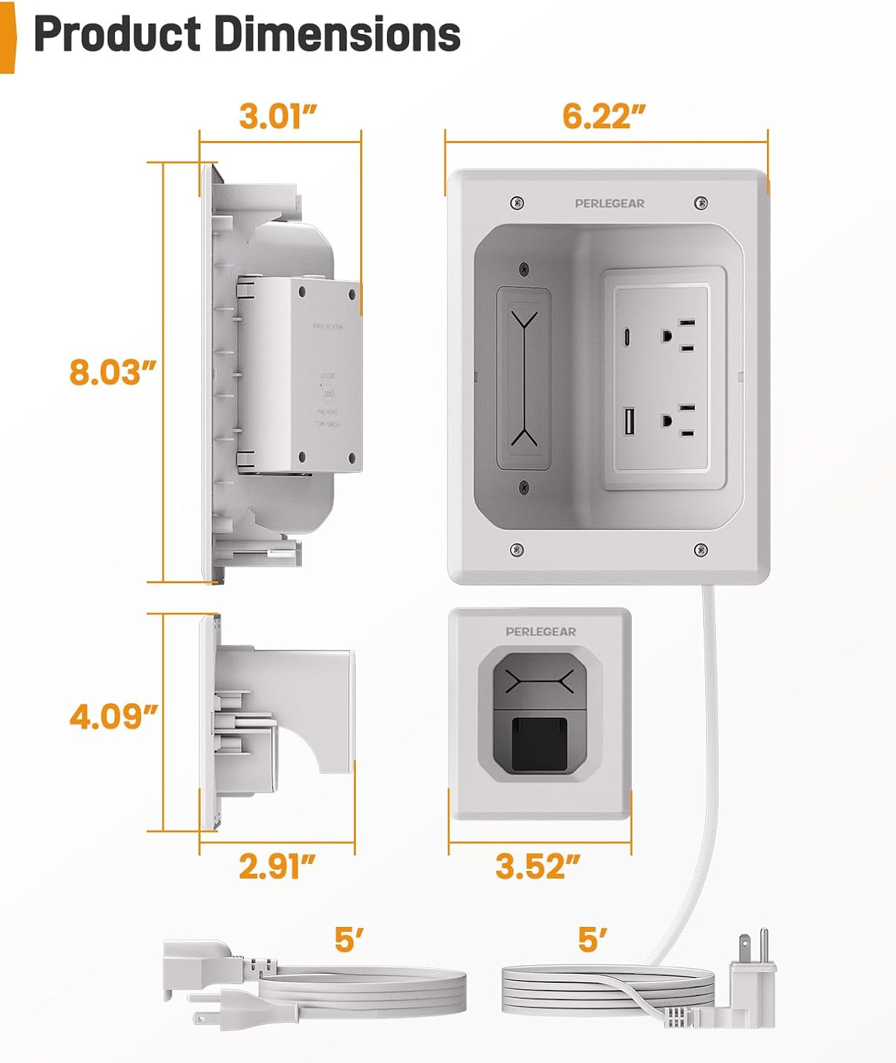 Perlegear Cord Hider for Wall Mount TV with AC Outlets, USB-A and USB-C Ports, in-Wall Cable Management Kit, Includes Drill Templates, Dust Bags, Drywall Saw, Extension Cord