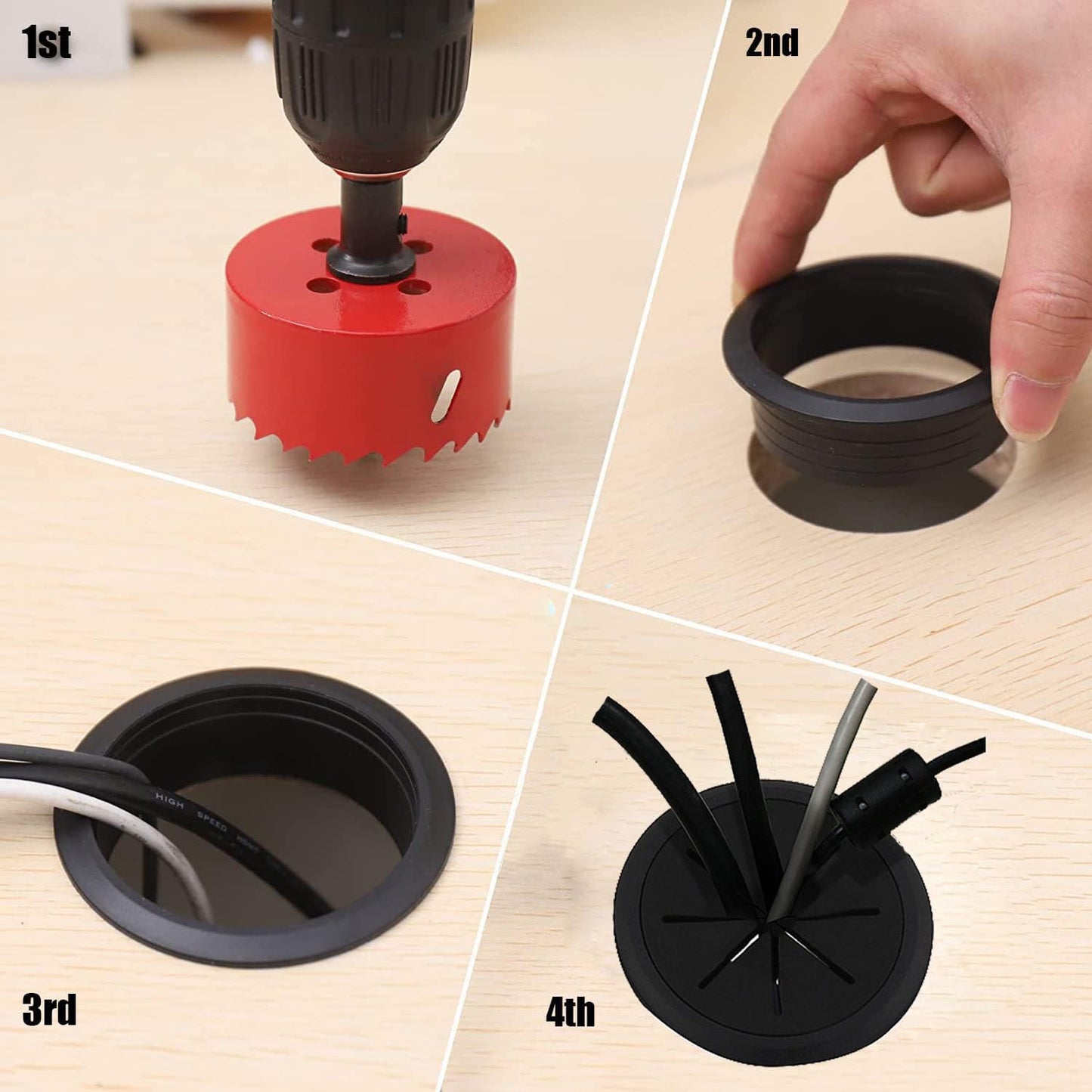TuTuYa Desk Grommet, 6PCS Flexible 2 Inch (50mm) Desk Cable Grommet Desk Cable Hole Covers with Hole Saw, Ideal Solution for Office and Home Table Cable (Black, 2Inch_50mm) (Black)
