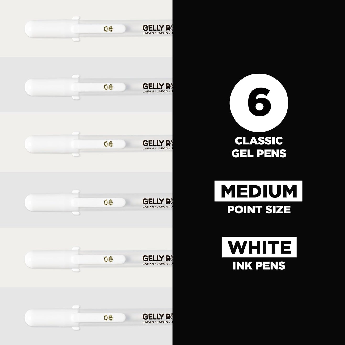 SAKURA Gelly Roll Gel Pens - Medium Tip Ink Pens for Journaling, Art, or Drawing - Classic White Ink - All are Tip Size Medium 08-6 Pack