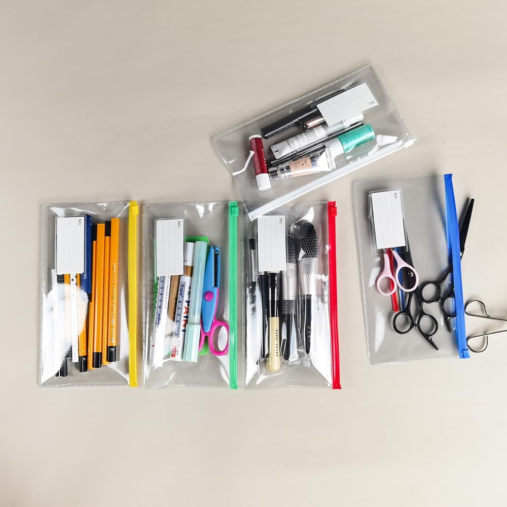 Small Zipper Plastic Envelopes, BOPART 30Pcs Plastic Pouch with Label Pocket, 9x4.7 Inches Clear Pencil Pouch Reusable Money Envelopes, Poly Zip Envelopes for Organizing & Storage