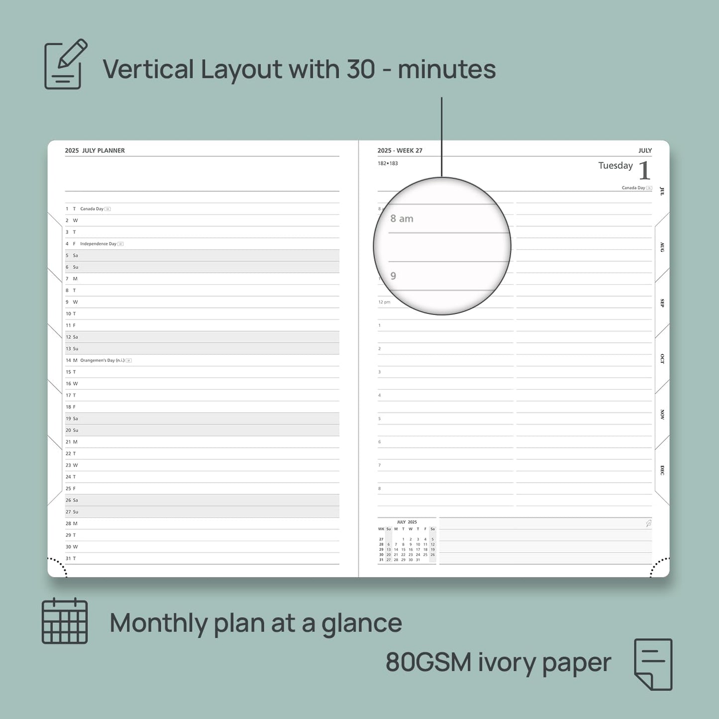 POPRUN 2025-2026 Daily Planner One Page Per Day (Large - 8.25'' x 12'') - Academic Calendar (July 2025 - June 2026), 2025 Day Appointment Book with Monthly Tabs, Hardcover - Midnight Green