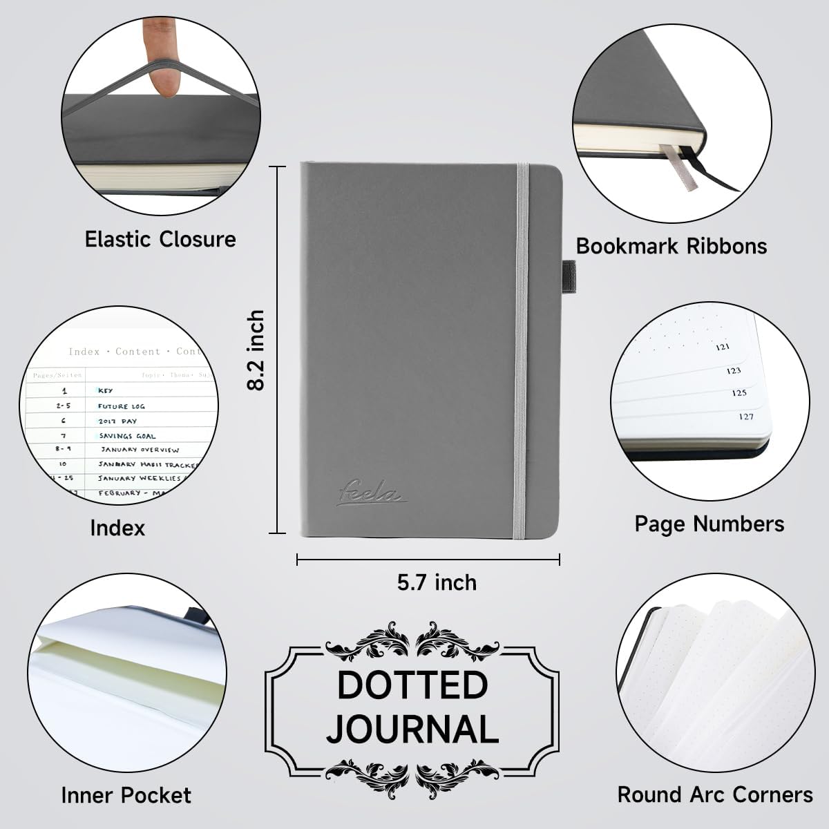 feela Dotted Journal Kit, Dot Grid Journal Hardcover Planner Notebook Set For Beginners Women Girls Note Taking with Journaling Supplies Stencils Stickers Pens Accessories, A5, 224 Pages, Gray