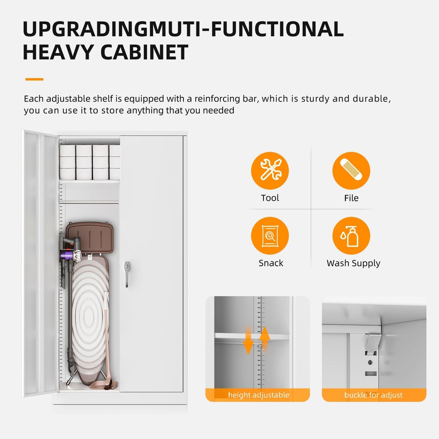 INTERGREAT Metal Storage Cabinet,Armoire Wardrobe Closet with 4 Adjustable Shelves and Hanging Rod,Metal Wardrobe Cabinet with Lockable Doors for Home Office,Warehouse,Garage,White