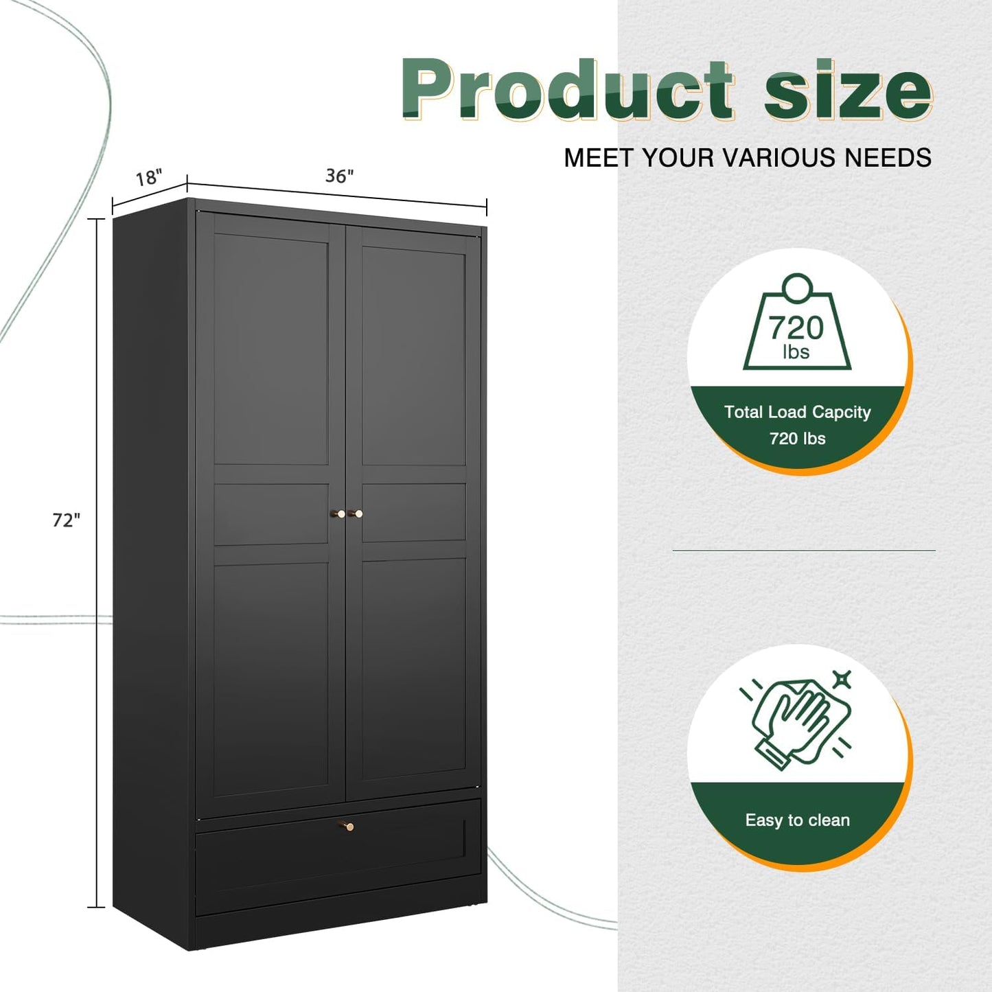 Letaya Wardrobe Closet,72" H Clothing Metal Storage Cabinet with Storage Drawer Adjustable Shelves and Hanging Rod,Bedroom Armoire Cabinet Clothes Organizer (Black)
