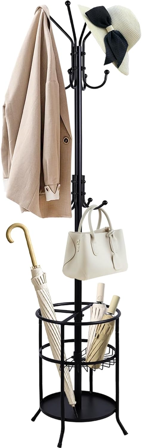 Metal Freestanding Coat Rack Stand with Umbrella Holder, 12 Hooks Coat Tree Black Modern Coat Hanger Stand for Coats, Hats, Scarves and Handbags for Entryway, Hallway, Bedroom, Office