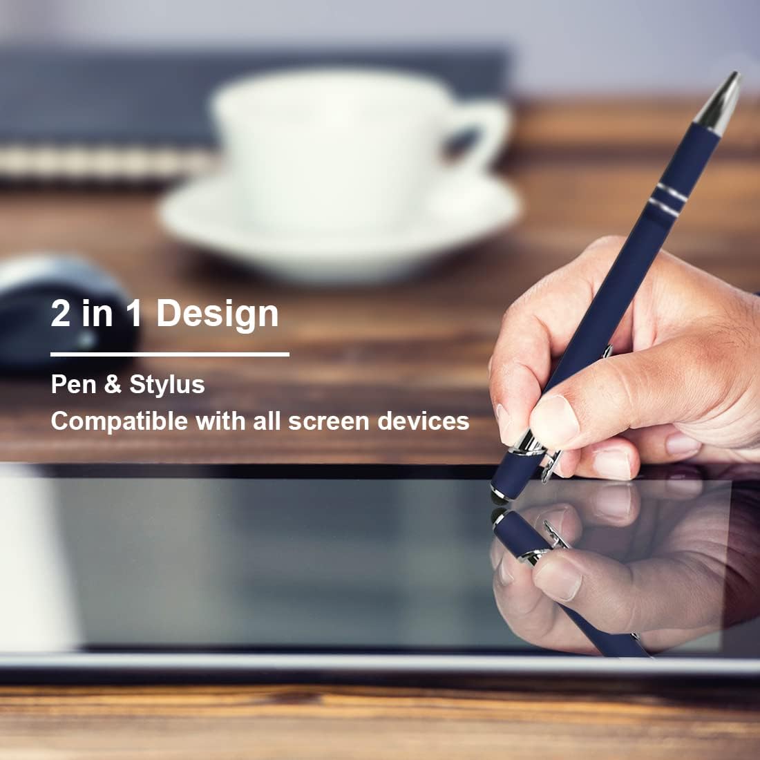 Ballpoint Pen with Stylus Tip, Soft Touch Click Metal Pen, 1.0mm Medium Point, Black Ink, 12 Count(Dark Blue)