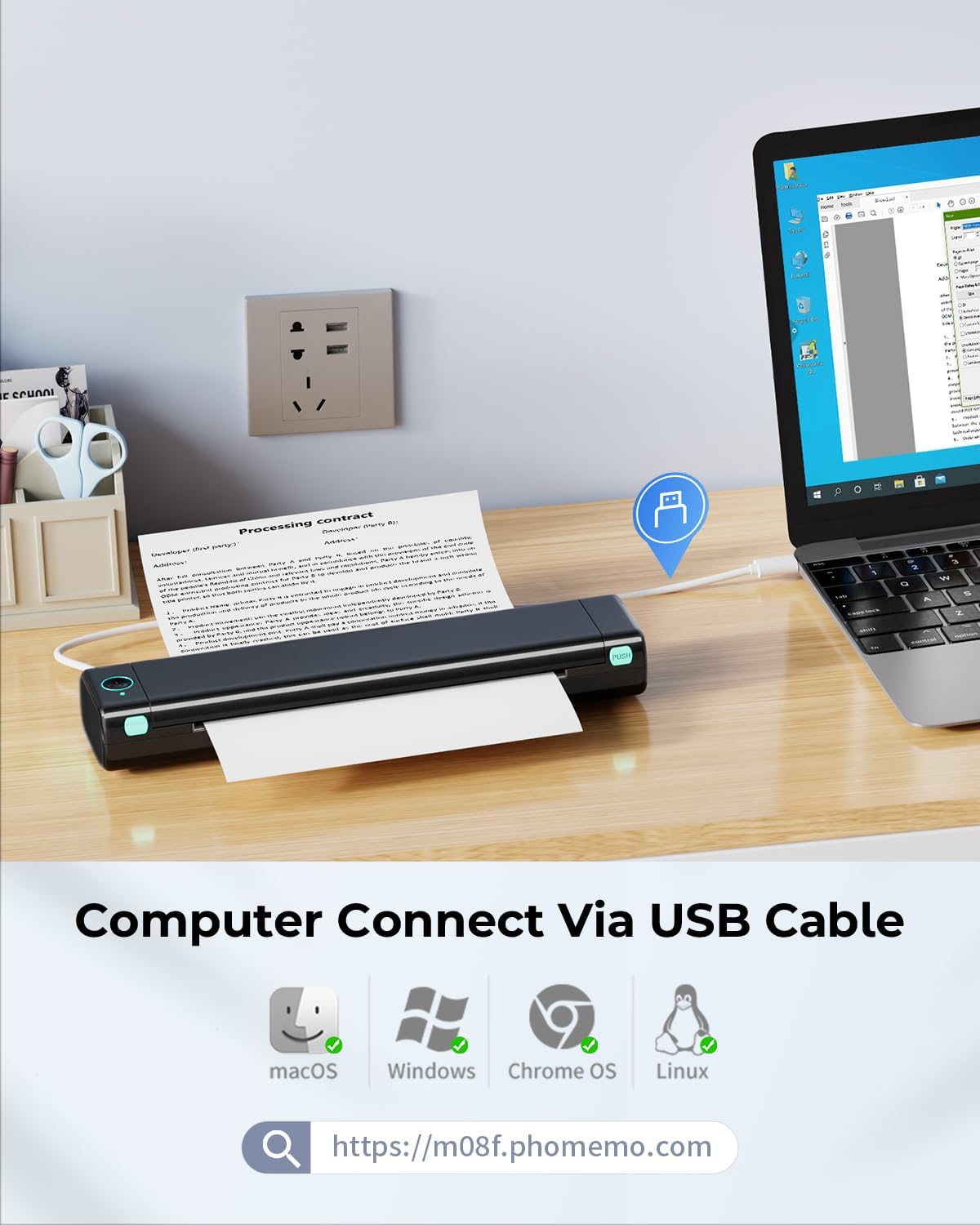 Phomemo Portable Printers Wireless for Travel, M08F Thermal Bluetooth Printer Support for 8.5"x11" US Letter, Small Inkless Printer Compatible with iOS, Android, Laptop for Car, Office, Home