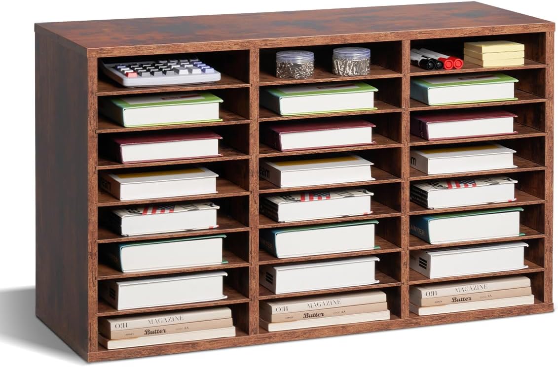 VEVOR Literature Organizer, 24 Compartments Office Mailbox with Removable Shelves, Wooden Mailbox Sorter Particle Board Office Home Classroom Storage, File Sorter for Documents, Papers, Retro Brown