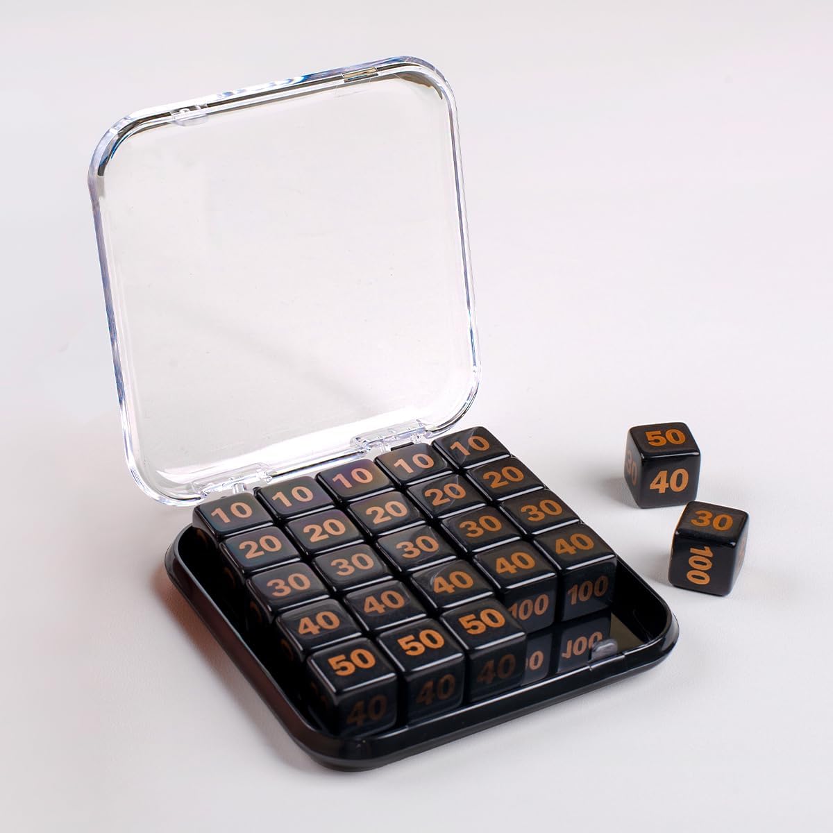 TCG Damage Counter Dice Set with Organizer - 25 Premium Dice (10/20/30/40/50/100) for Card Game Tracking