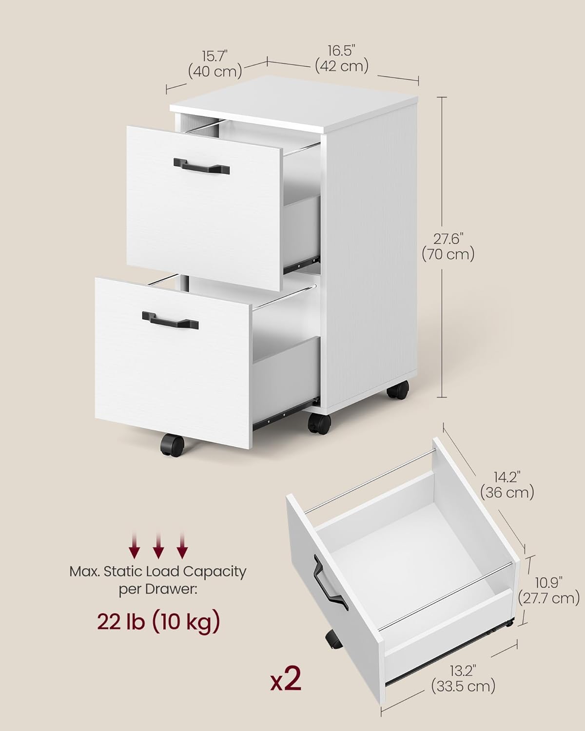 VASAGLE 2-Drawer File Cabinet, Small Rolling Filing Cabinet for Home Office, Printer Stand, for A4, Letter-Size Documents, 15.7 x 16.5 x 27.6 Inches, Snow White UOFC040W46