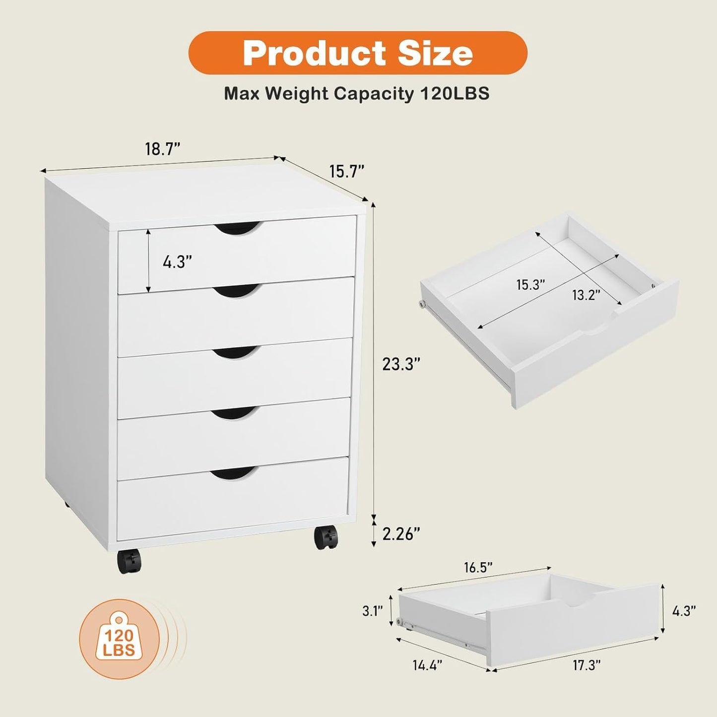 5 Drawer Chest, Dressers Storage Cabinets Wooden Dresser Mobile Cabinet with Wheels Room Organizer, Small Drawers Wood Organization Furniture for Office, Home