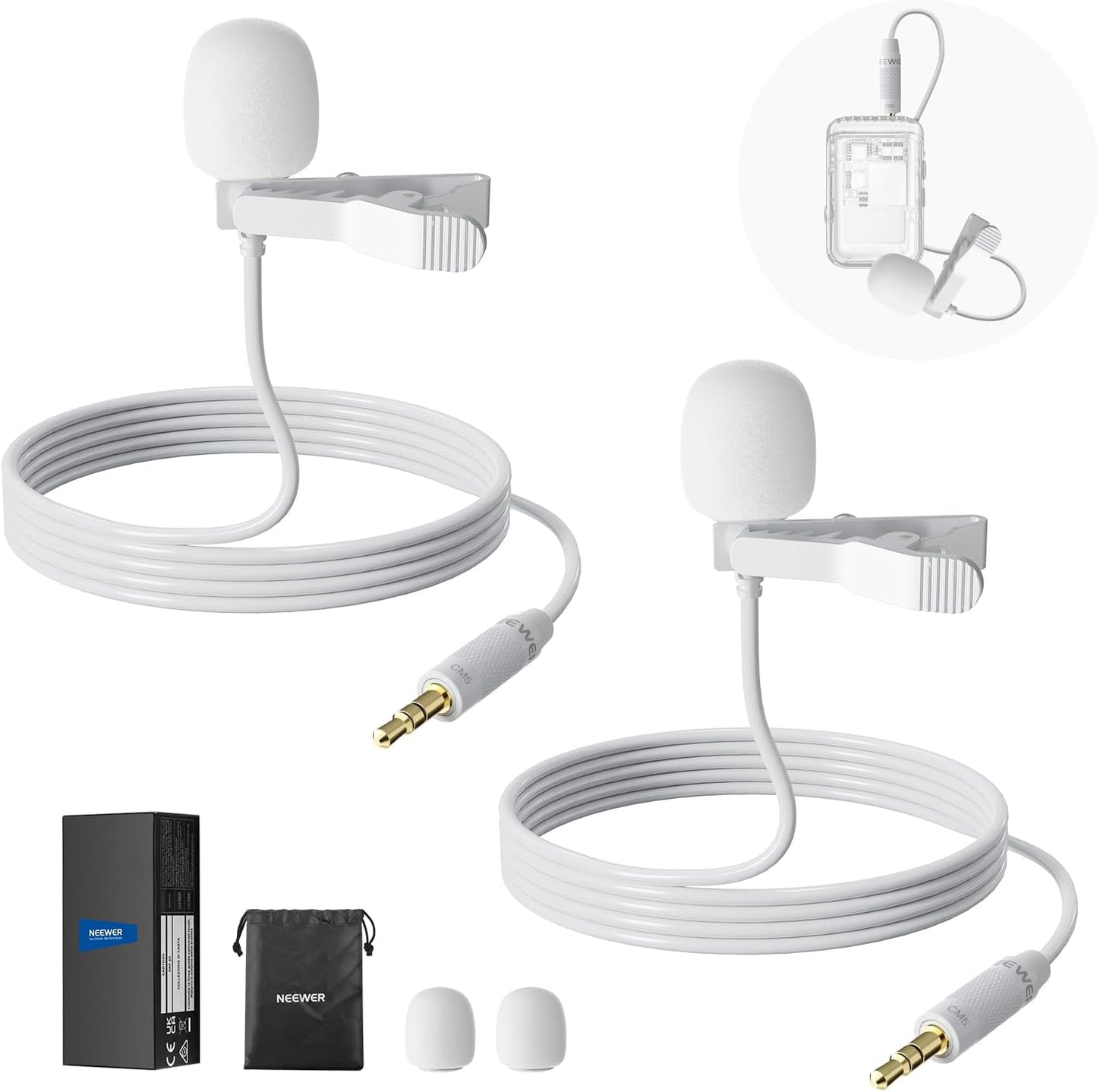 NEEWER 2 Pack Lavalier Lapel Microphone Compatible with Rode Wireless GO II 2 DJI Wireless Mic Transmitter, Omnidirectional Condenser Wired Clip On Lav Mic for Stage YouTube Live Streaming, CM5, White