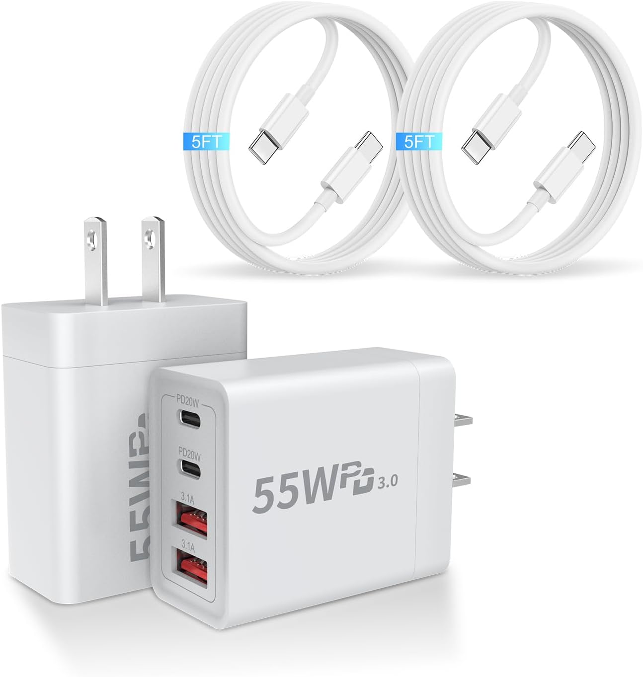 2 Pack USB C Charger Block, 55W 4-Port USB C Fast Wall Charger Dual Port QC + PD 3.0 Power Adapter, Multiport Type C Charging Brick with Lightning Cable for iPhone 16 15 14 13 12 11 Pro Max XS,Samsung